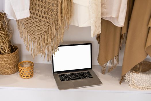 Blank screen laptop. Home office workspace. Modern nordic interior design template