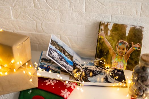 photo album and Christmas garland