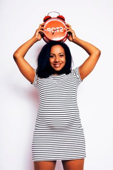 young pretty african american woman pregnant happy smiling, posing on white background isolated , lifestyle people concept copyspace close up