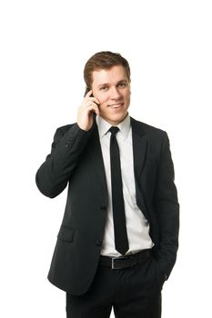 Close up of a laughing businessman on the phone isolated on white background