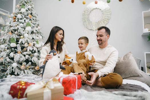 Smiling parents giving Christmas present to son at home, portrait