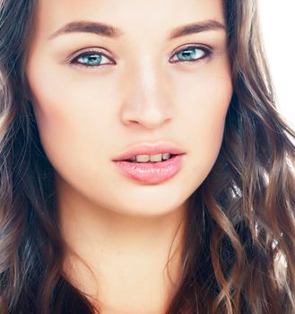 young sweet brunette woman close up isolated on white background, perfect pure innocense beautiful close up