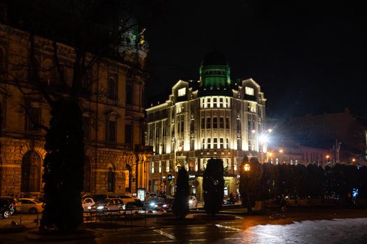 LVIV, UKRAINE - 27 December 2020: New Year and Christmas tree in the European city of Lviv at night/