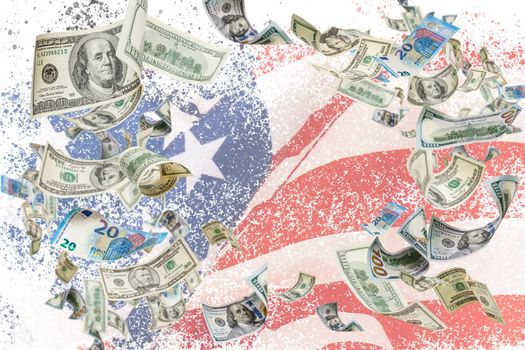 dollar against america flag background, economy, finance, USA, money