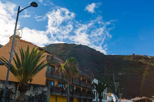 Aerial view of Garachico village on the coast of Atlantic ocean in Tenerife island of Spain