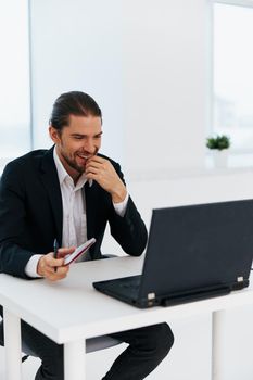 office worker work in front of laptop emotions technology. High quality photo