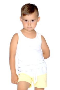 A cute little boy in a white T-shirt. The concept of promotional goods, inscriptions and drawings on clothes. Isolated on white background.