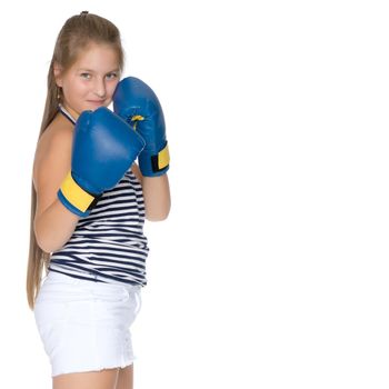 Teenage girl in boxing gloves. The concept of sport, fitness and healthy lifestyle of the younger generation. Isolated on white background.