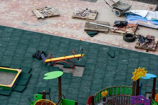 construction of a playground. Playground for children, recreation, landscaping and beautification. Top view.