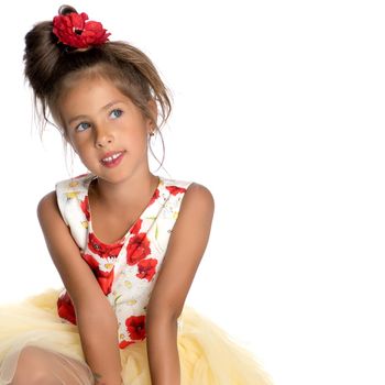 Fashionable little girl in a dress. Beauty and style in children's clothes. Isolated over white background