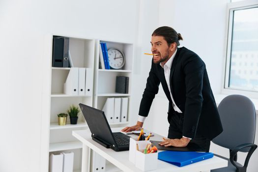 Man office work blue document folder Lifestyle. High quality photo