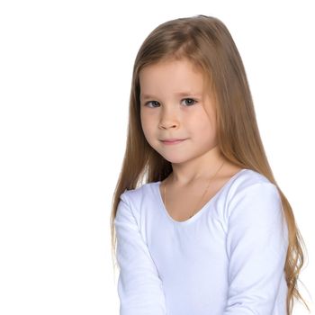 Beautiful little girl close-up. The concept of beauty and fashion, happy childhood. Isolated on white background.