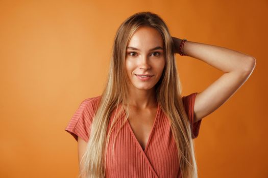 Portrait of a young beautiful happy caucasian woman smiling