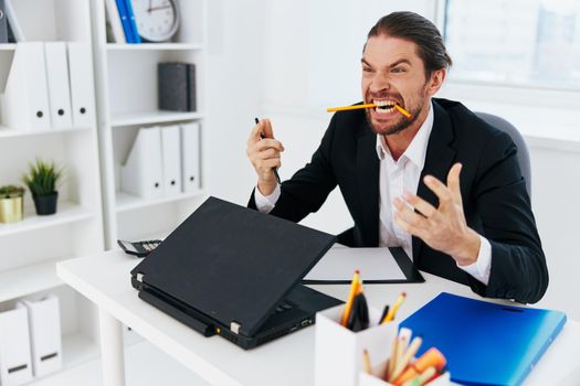 Man office work blue document folder boss. High quality photo