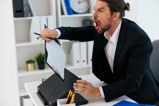 Man office work blue document folder boss. High quality photo