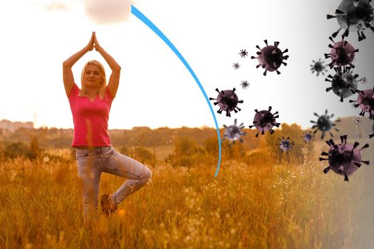 woman in the field, virus protection illustration.