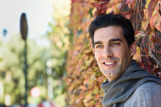 Handsome man with blue eyes wearing winter clothes smiling in autumn leaves background. Young male with swater and scarf.