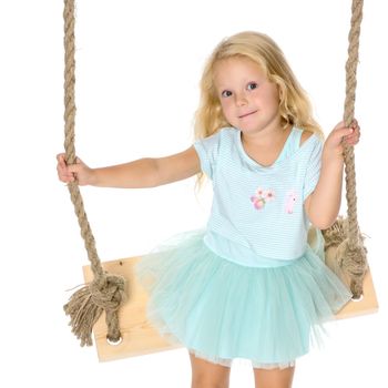 Beautiful little girl swinging on a swing. The concept of family happiness, summer holidays. Isolated on white background.