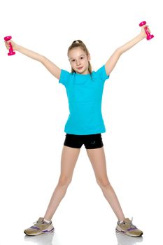 A cute little girl doing exercises with dumbbells. The concept of strength, health and sport. Isolated on white background.