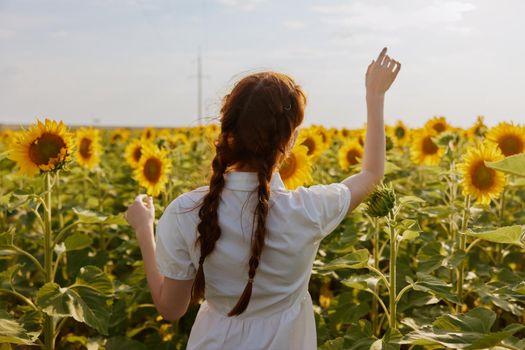 woman's back In a field with blooming sunflowers flowering plants. High quality photo