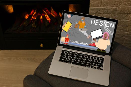 Workplace with laptop on table at home web designer or artist. Concept of a freelance and creative work online
