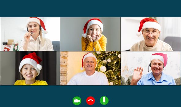 Virtual Christmas meeting team teleworking. Family video call remote conference Computer webcam screen view. Diverse portrait headshots meet working from their home offices. Happy hour party online