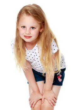 Beautiful little girl. The concept of a happy childhood, family well-being. Isolated on white background.