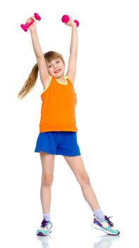 A cute little girl doing exercises with dumbbells. The concept of strength, health and sport. Isolated on white background.