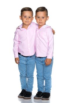 Two cute little boys stand in front of the camera in full growth. The concept of a happy childhood, the development of a child in the family. Isolated on white background.