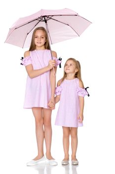 Lovely little girls hid under the umbrella. The concept of a happy childhood, family vacation. Isolated on white background.