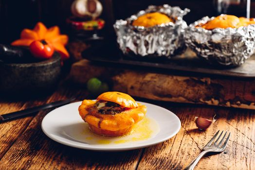 pattypan squash stuffed with minced beef and vegetables