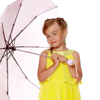 A nice little girl hid under an umbrella. The concept of a happy childhood, outdoor recreation, protection from bad weather. Isolated on white background.