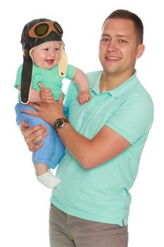 Dad holds the baby in his arms. The concept of educating the father of young children, Happy childhood, a friendly family. Isolated on white background.