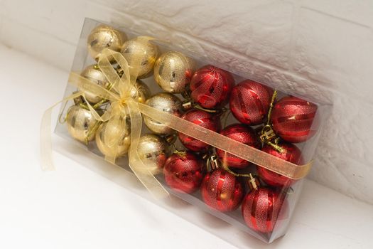 beautiful red gold and silver Christmas balls isolated on white.