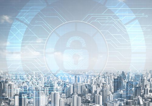 Computer security concept and information technology. Risk management and professional safeguarding. Virtual padlock hologram on background of city skyline. Innovative security solution for business.