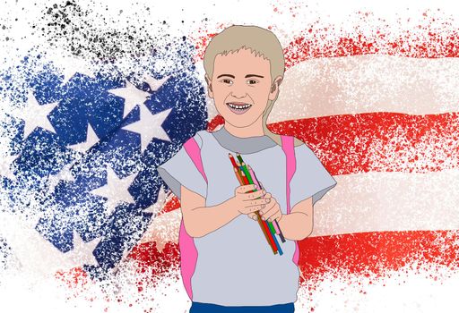 illustration of child on the background of the flag of america.