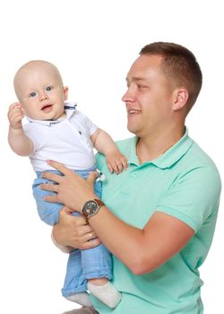 Dad holds the baby in his arms. The concept of educating the father of young children, Happy childhood, a friendly family. Isolated on white background.