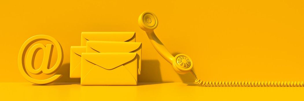 At sign, mail and phone sign 3D render illustration isolated on yellow background