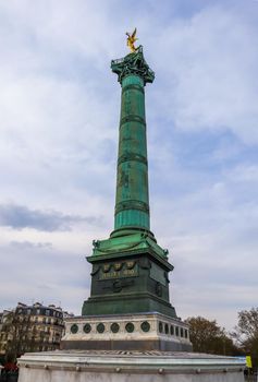 Paris / France - April 06 2019: The July Column (Colonne de Juillet) in the center of the Place de la Bastille in Paris