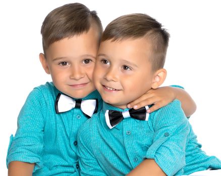 Two cute little boys, brothers close-up. The concept of a happy childhood, the development of a child in the family. Isolated on white background.