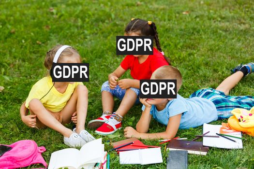 children behind the inscription GDPR. General data protection regulation. Cyber security and privacy.