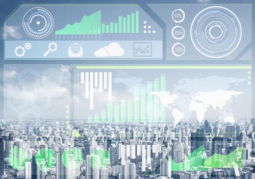 Stock market charts on background of financial district of megapolis city. Digital economy and trading. Risk management and strategy planning. Modern financial technology and data visualization