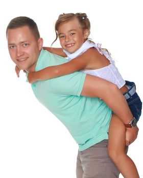 The daughter rides on Papa's shoulders. Concepts of a happy childhood, the upbringing of children, the interaction of the father and children. Isolated on white background