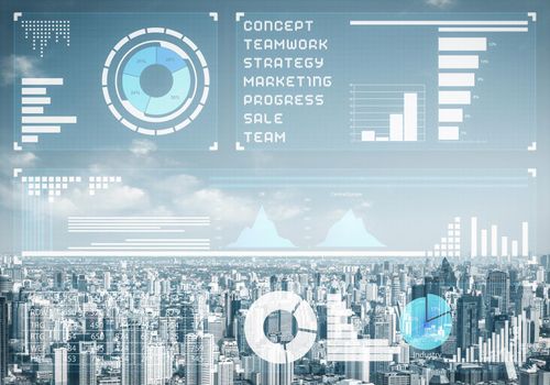 Double exposure business concept with abstract stock market data on background of modern cityscape. Virtual interface of online trading platform. Digital economic indexes, analytics and statistics.