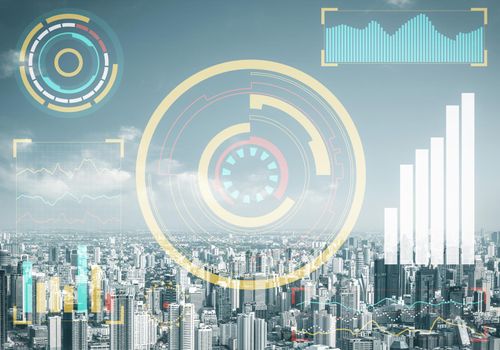 Double exposure business concept with abstract stock market data on background of modern cityscape. Virtual interface of online trading platform. Digital economic indexes, analytics and statistics.