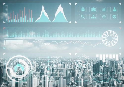 Forex trading business concept with abstract financial graphics on background of modern city skyline. Stock exchange market graph analysis. Digital analytics and statistics. Stats and economy.