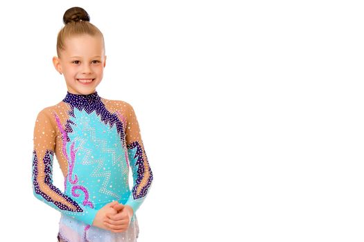 Little girl gymnast in a beautiful sports swimsuit for competitions, close-up. The concept of sport and fitness, a happy childhood. Isolated on white background.