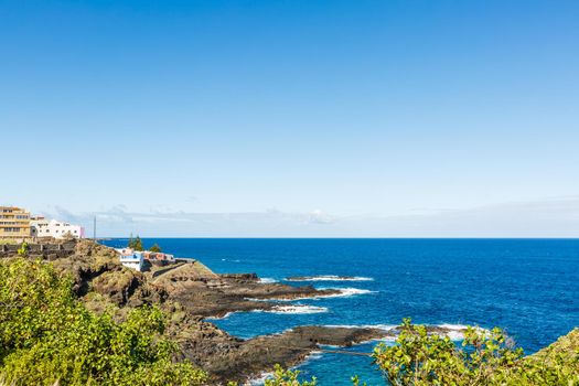 Aerial view of Garachico village on the coast of Atlantic ocean in Tenerife island of Spain