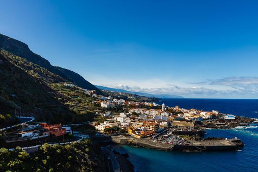 Aerial view of Garachico village on the coast of Atlantic ocean in Tenerife island of Spain