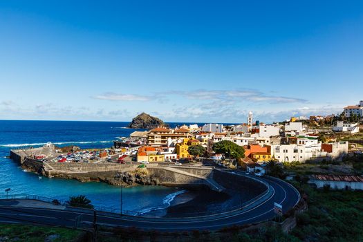 Aerial view of Garachico village on the coast of Atlantic ocean in Tenerife island of Spain